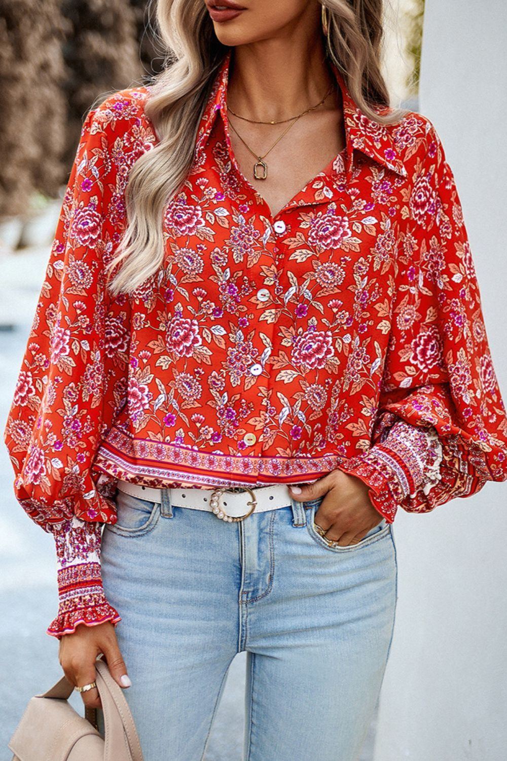 Printed Collared Neck Smocked Lantern Sleeve Shirt - Thandynie