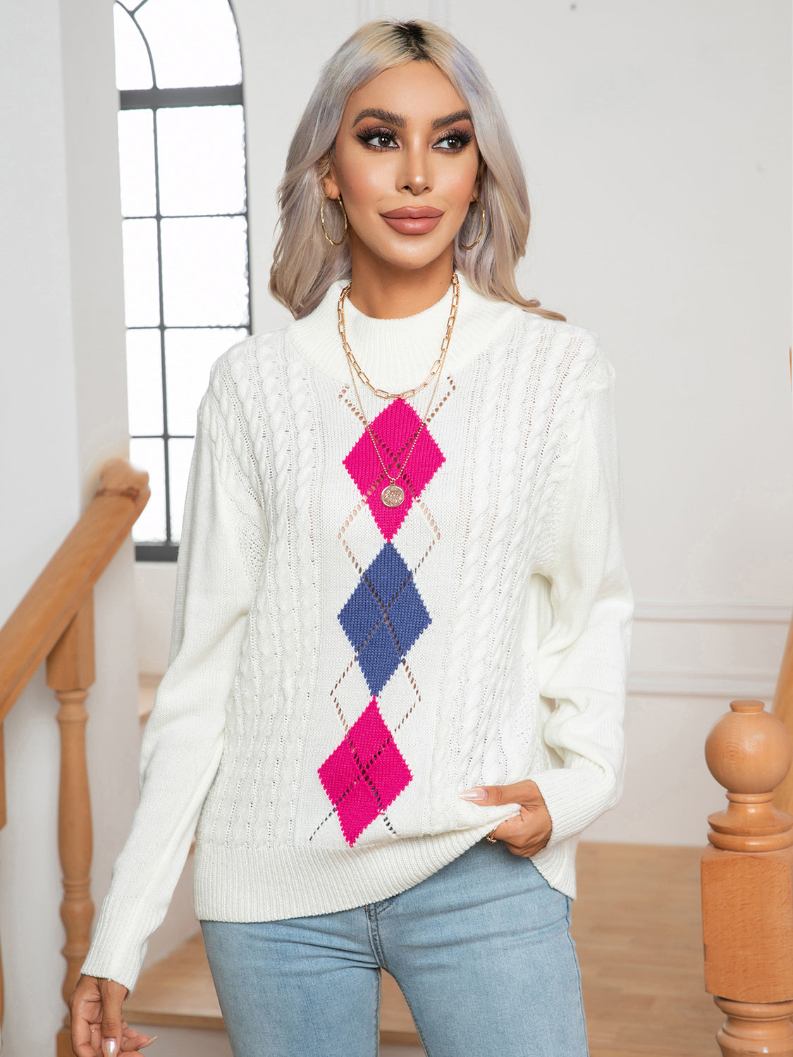 Openwork Geometric Mock Neck Sweater White