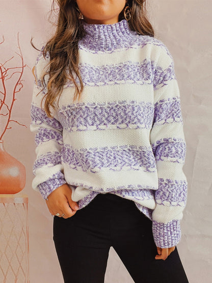 Striped Turtleneck Long Sleeve Sweater – Warm, Stylish Knit for Fall & Winter Lilac