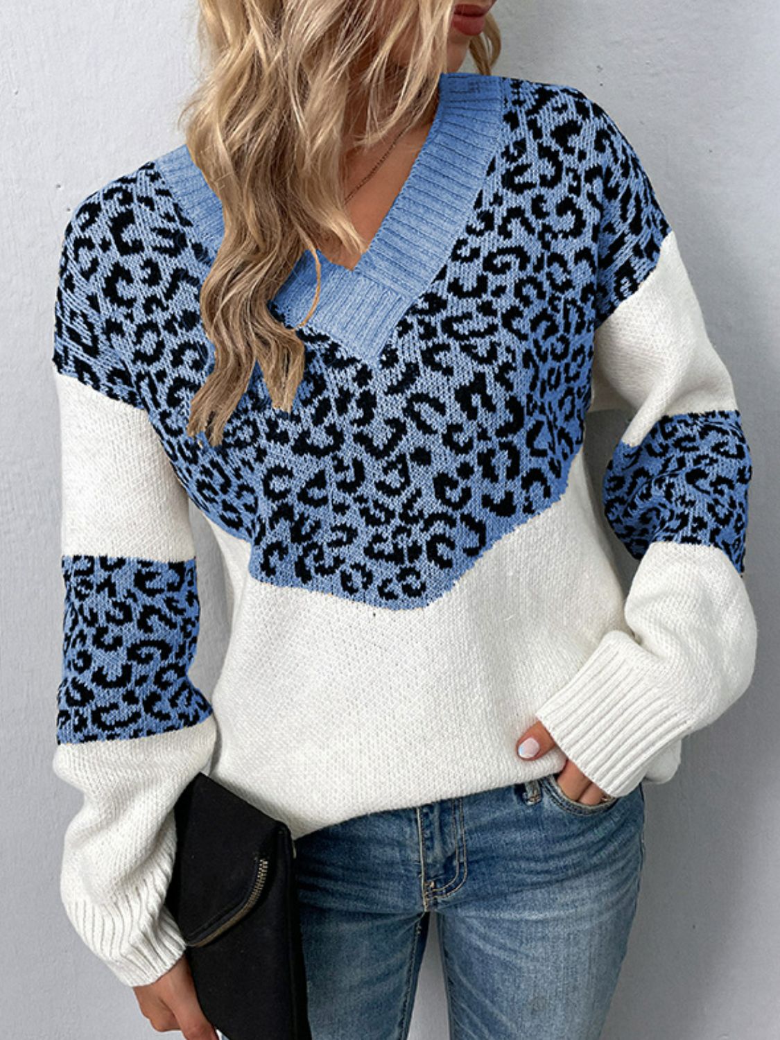 Leopard V-Neck Dropped Shoulder Sweater Misty Blue