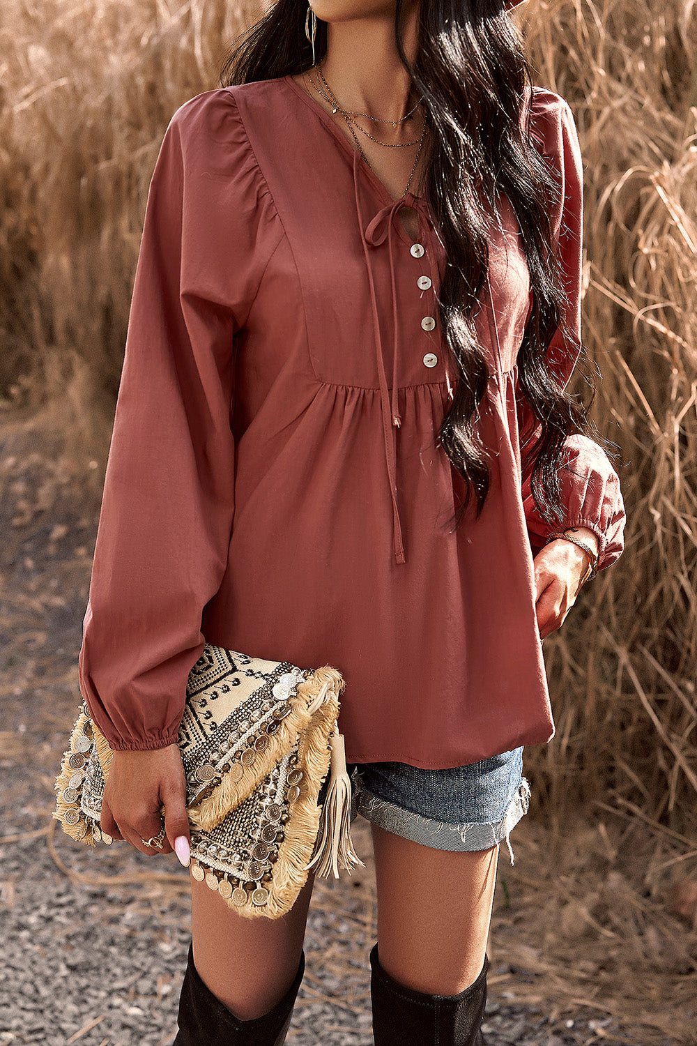 Tied Decorative Button Balloon Sleeve Blouse