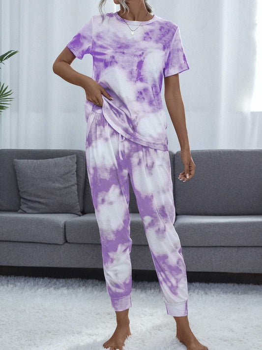 Shiny Tie-Dye Round Neck Top and Pants Lounge Set Lavender