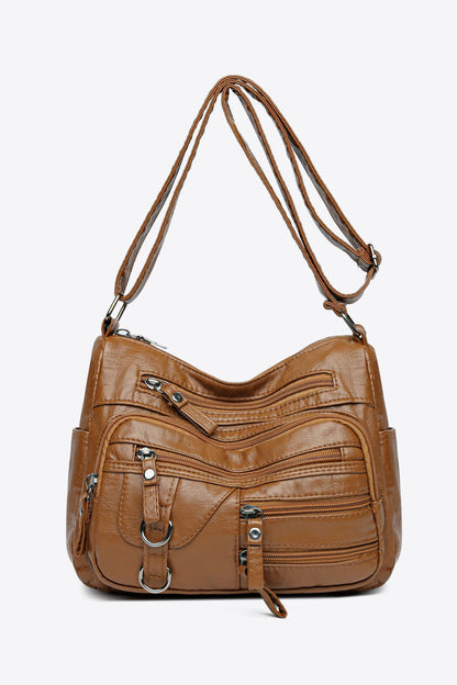 Multi-Pocket PU Leather Crossbody Bag Caramel One Size