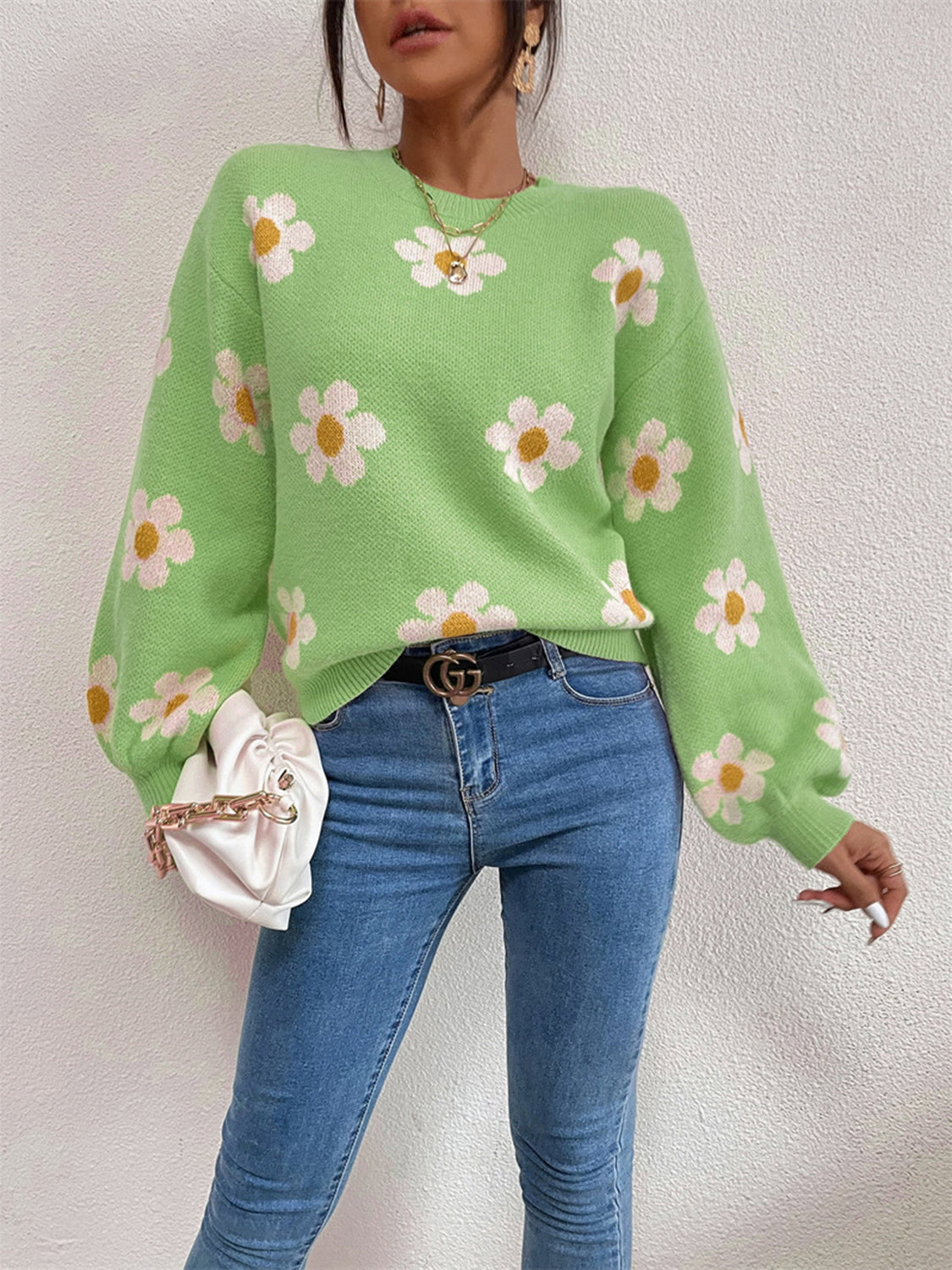 Flower Round Neck Latern Sleeve Sweater Mid Green