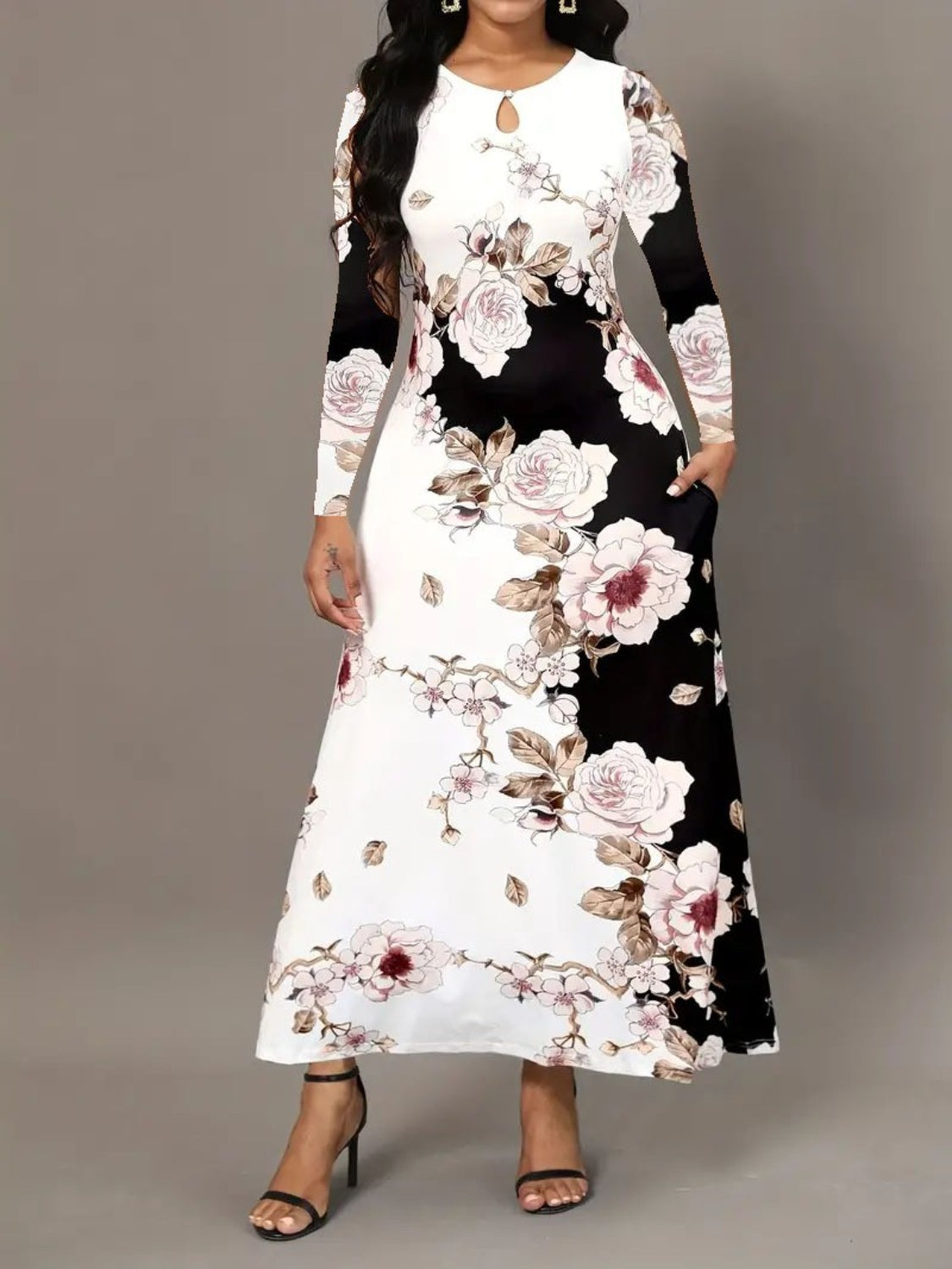 Pocketed Printed Long Sleeve Dress Black