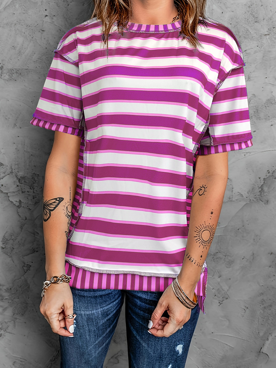 Full Size Contrast Stitching Striped Round Neck T-Shirt