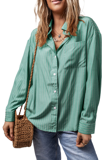 Striped Button Up Long Sleeve Shirt Turquoise