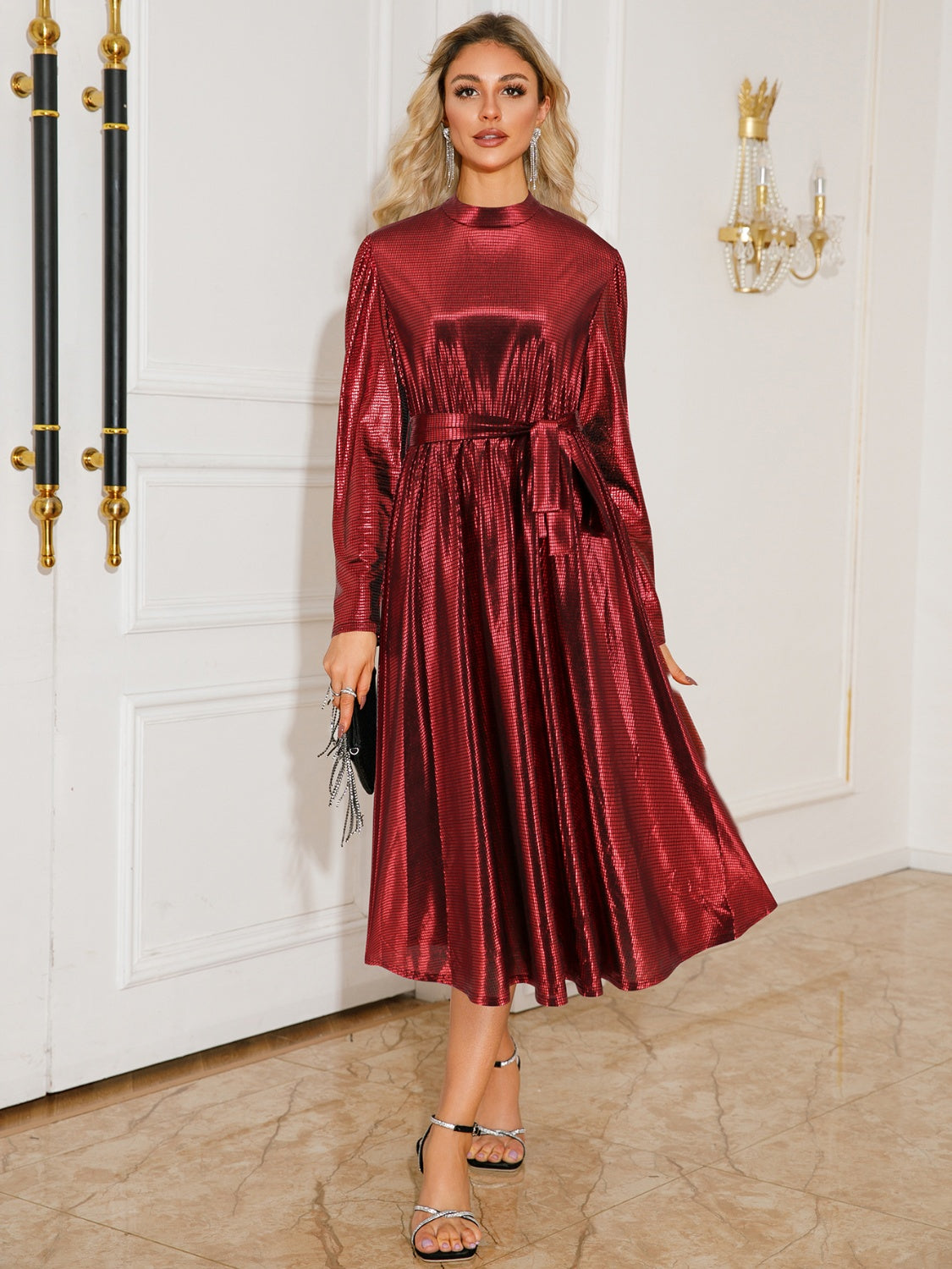 Tie Waist Long Sleeve Midi Dress Burgundy