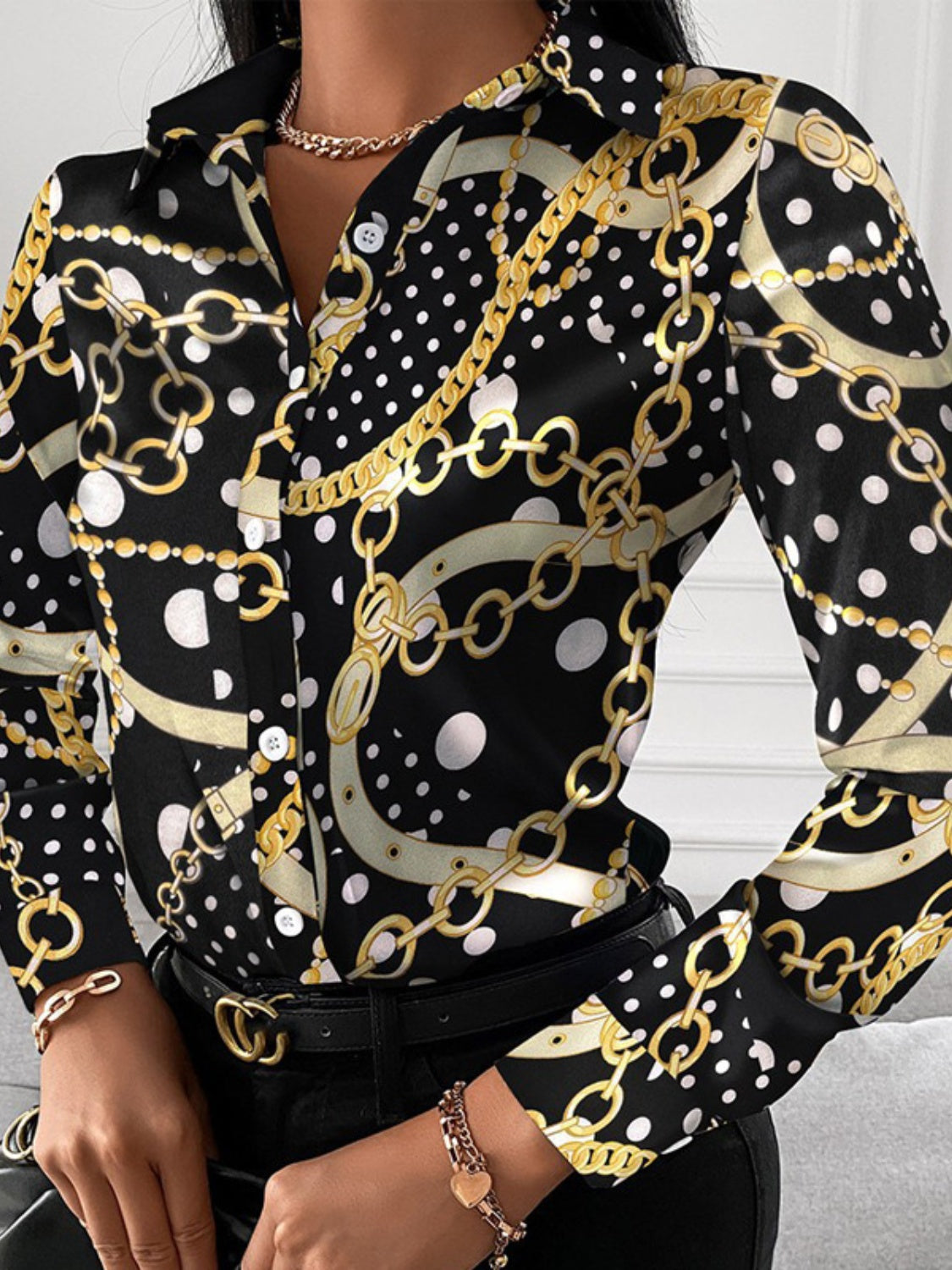 Printed Collared Neck Long Sleeve Shirt Charcoal