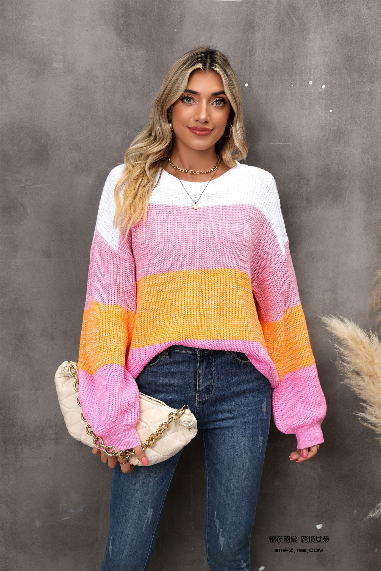 Color Block Round Neck Dropped Shoulder Sweater Pink M