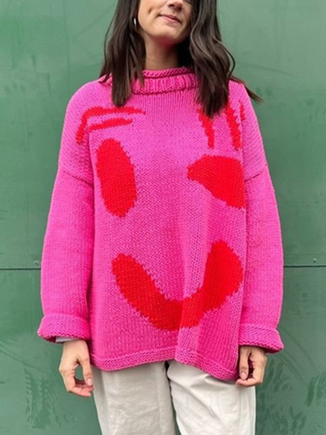 Contrast Drop Shoulder Long Sleeve Sweater Hot Pink