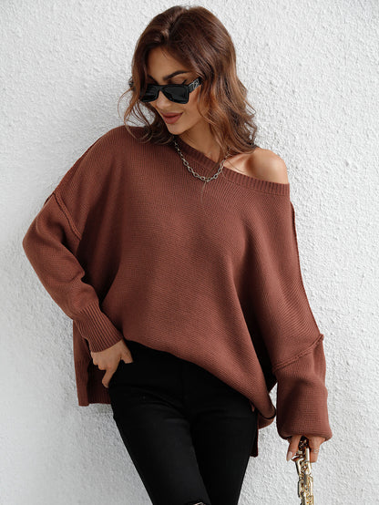 Exposed Seam Dropped Shoulder Slit Sweater Brown