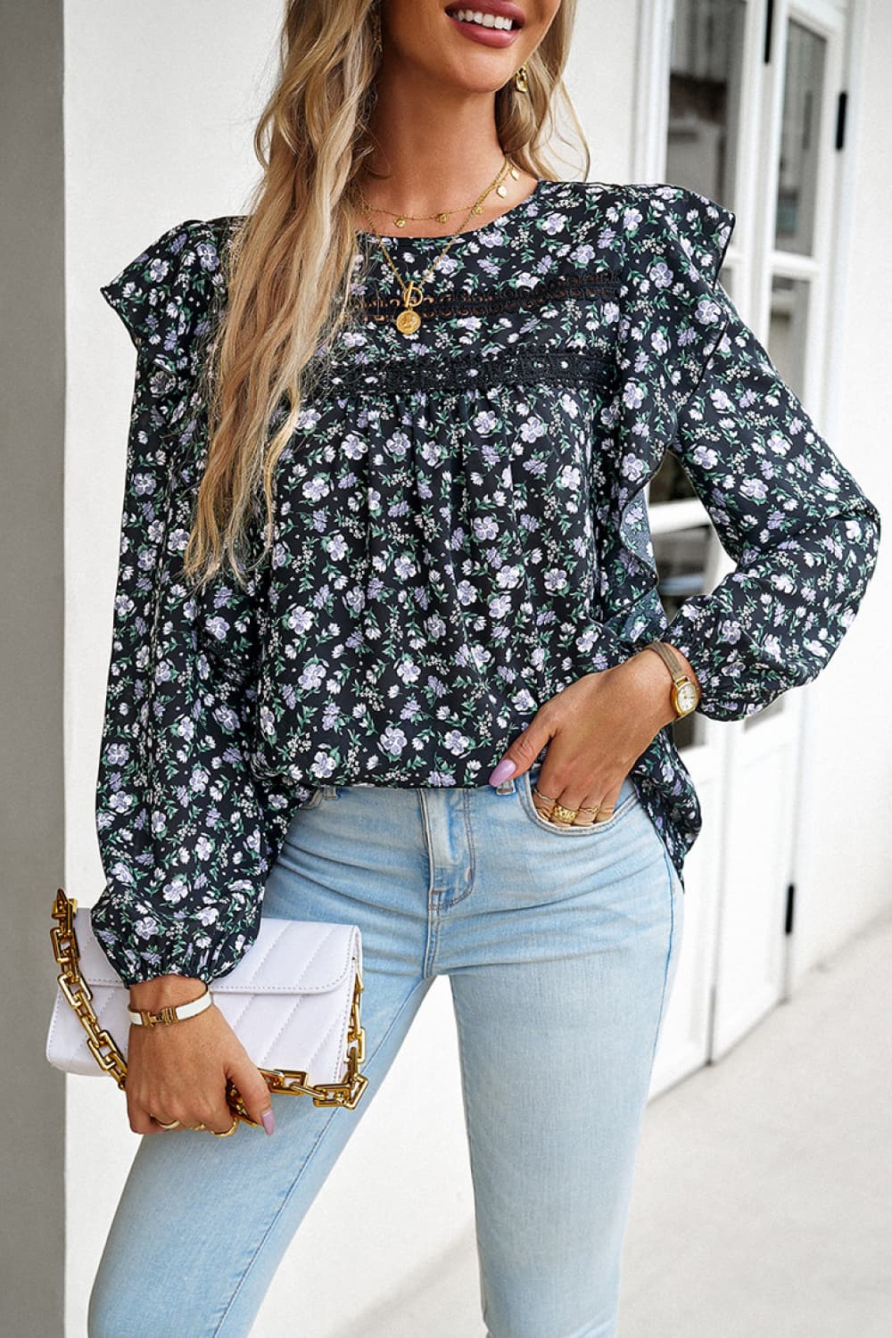 Printed Round Neck Long Sleeve Blouse Black