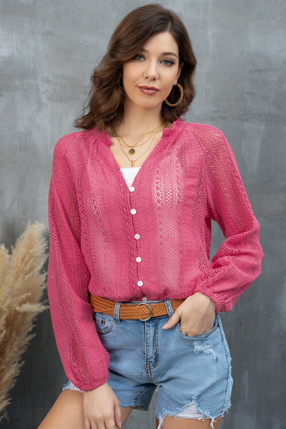 Openwork Button Up Long Sleeve Shirt Deep Rose