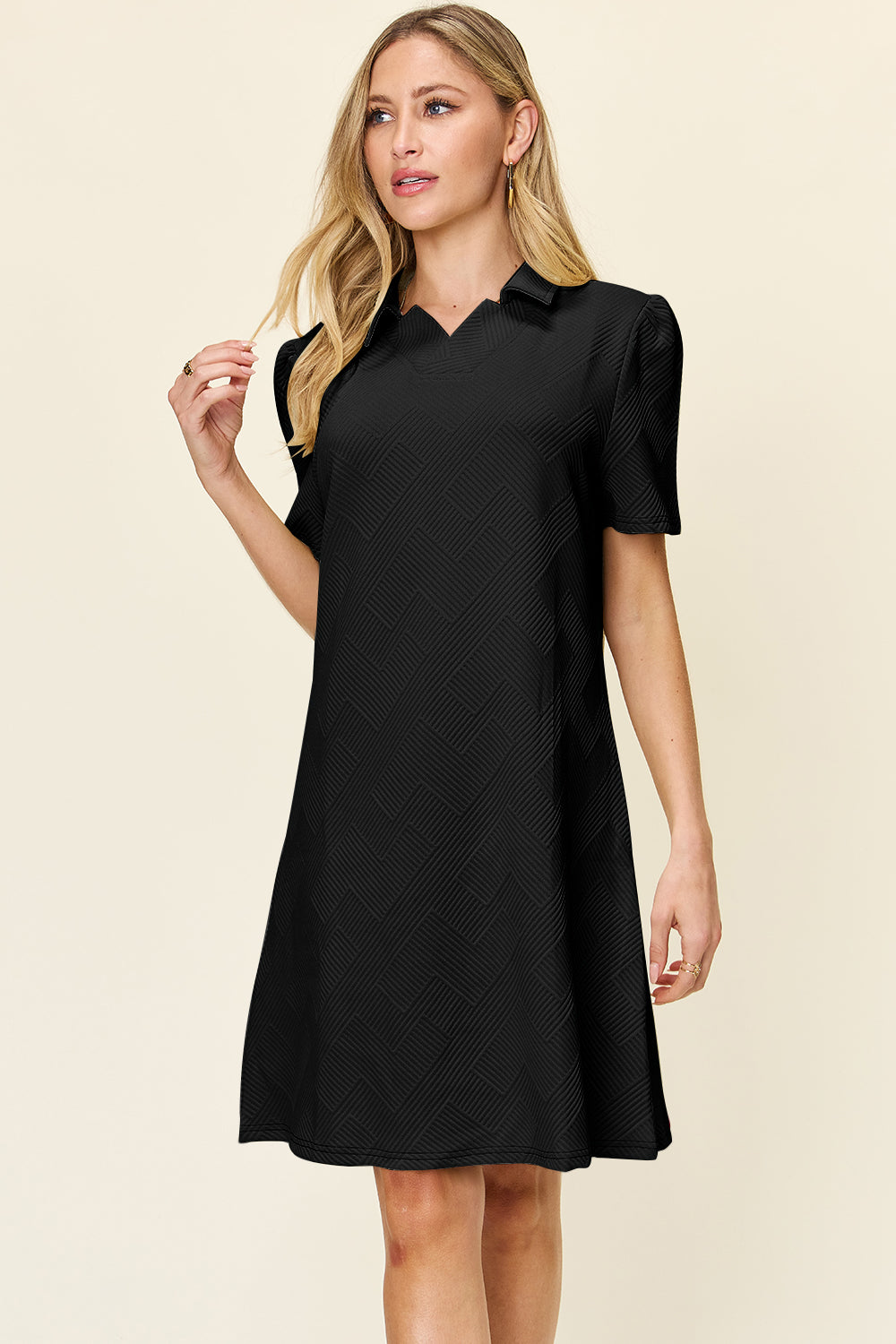 Double Take Full Size Texture Collared Neck Short Sleeve Dress Black