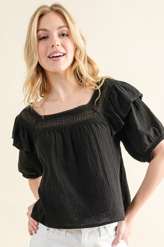 And The Why Square Neck Ruffled Blouse BLACK