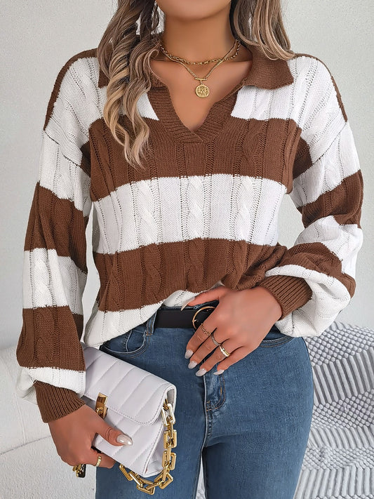 Cable-Knit Striped Long Sleeve Sweater Chestnut