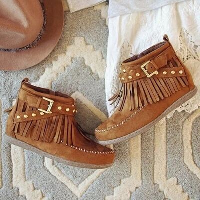 Fringe Studded Suede Flat Boots