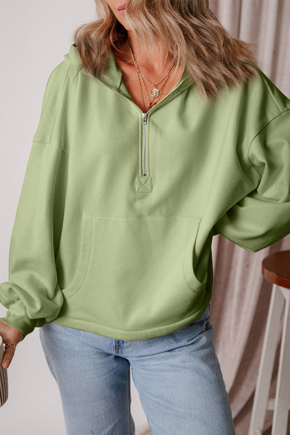 Pocketed Half Zip Dropped Shoulder Hoodie Sage