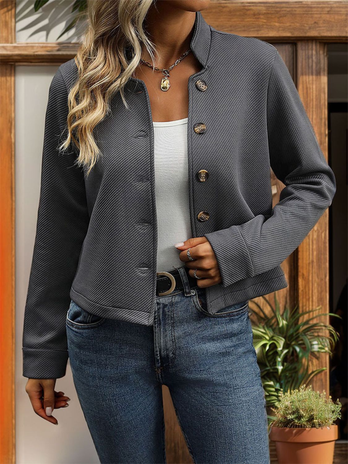 Textured Button Up Long Sleeve Jacket - Thandynie