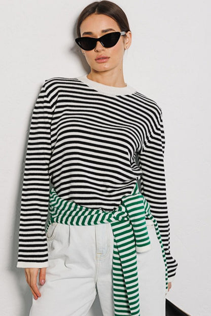 Striped Round Neck Long Sleeve Sweater Black