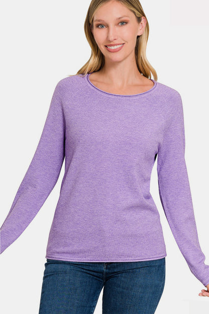 Zenana Rolled Round Neck Long Sleeve Sweater HLAVENDER