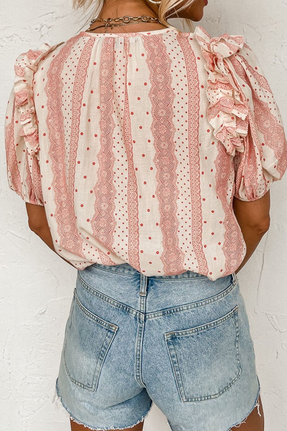 Ruffled Printed Tie Neck Short Sleeve Blouse - Thandynie