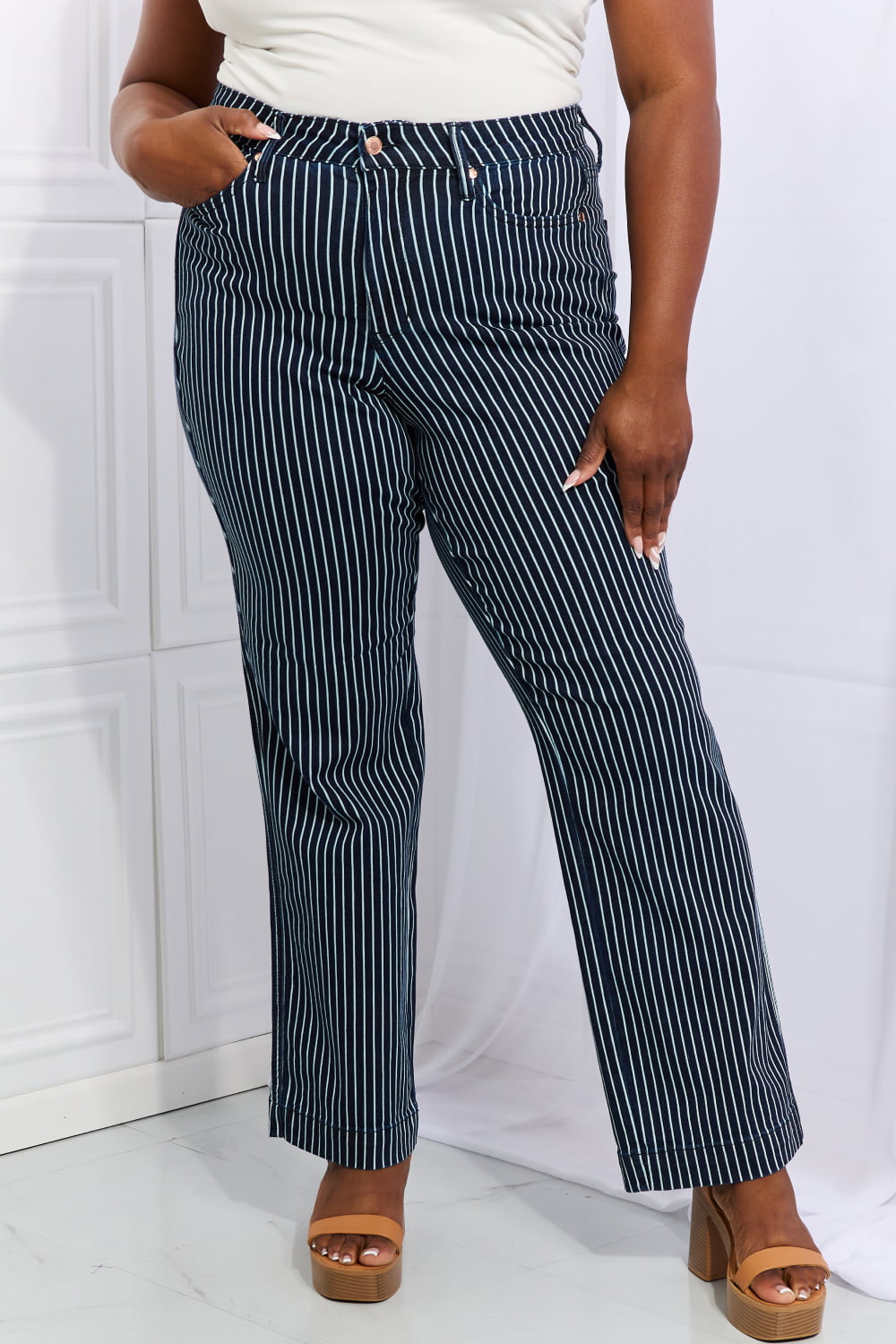 Judy Blue Cassidy Full Size High Waisted Tummy Control Striped Straight Jeans | Chic & Comfortable Denim