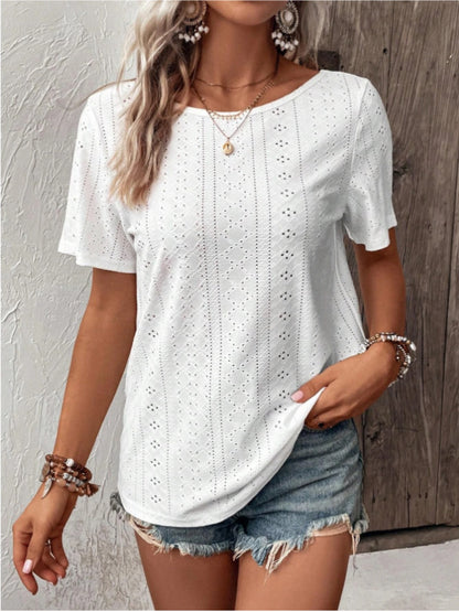 Lace Detail Eyelet Short Sleeve Blouse