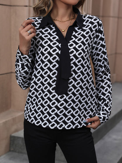 Printed Collared Neck Long Sleeve Shirt Black