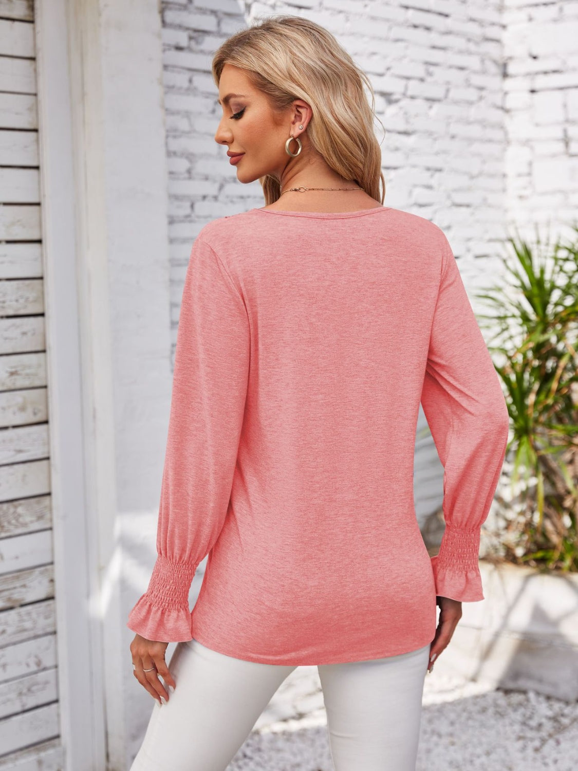 Smocked V-Neck Long Sleeve Blouse