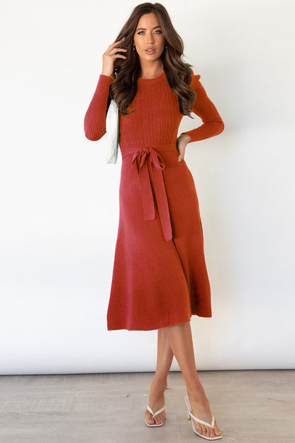 Round Neck Long Sleeve Tie Waist Sweater Dress Orange-Red