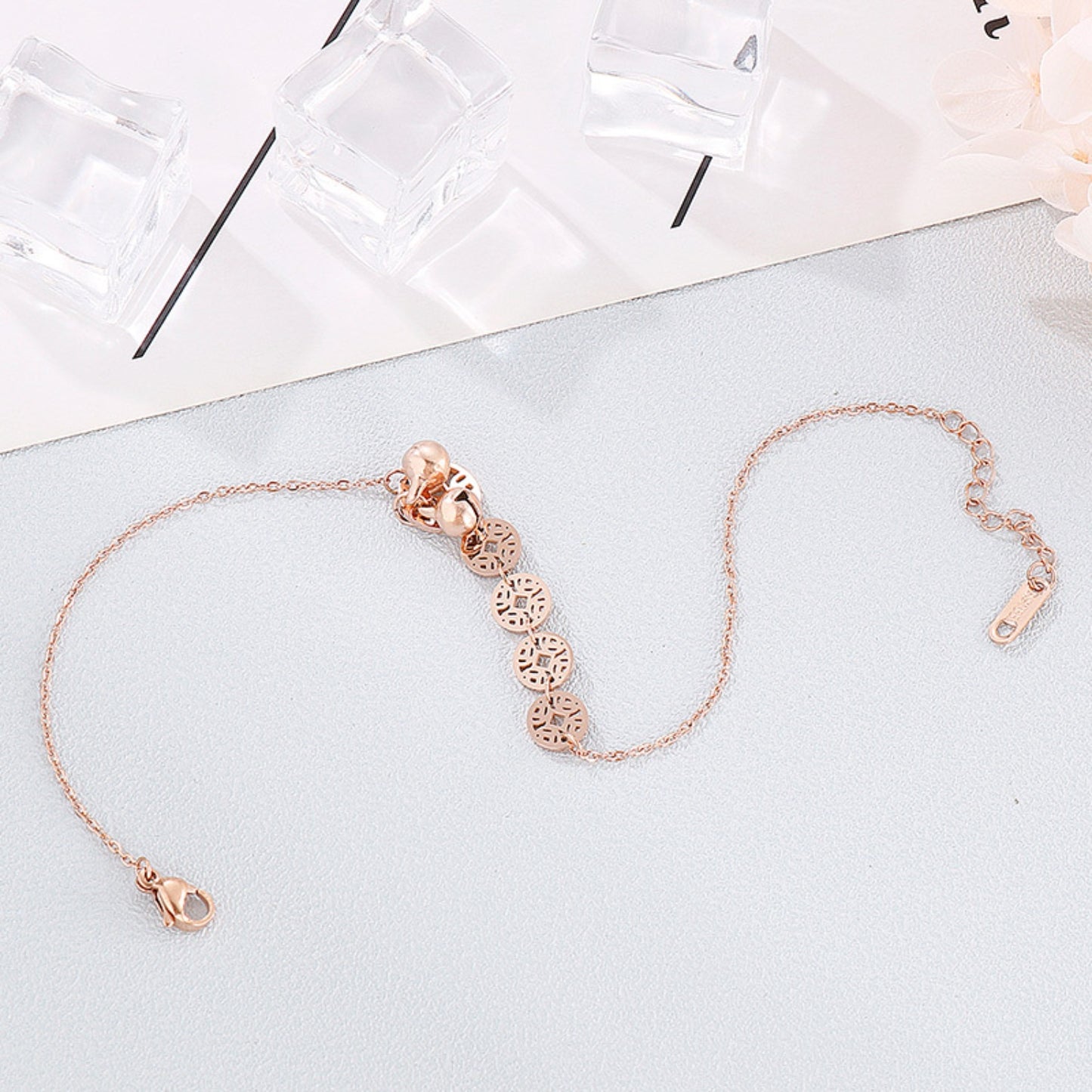 Stainless Steel Coin Shape Anklet Bracelet Rose Gold One Size