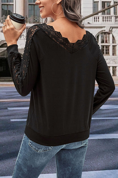 V-Neck Long Sleeve Lace Trim Blouse