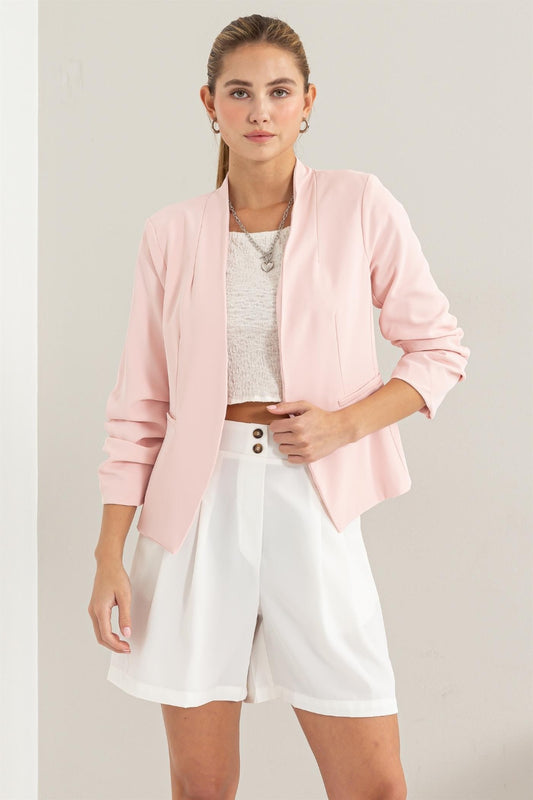 HYFVE Open Front Ruched Sleeve Blazer Blush