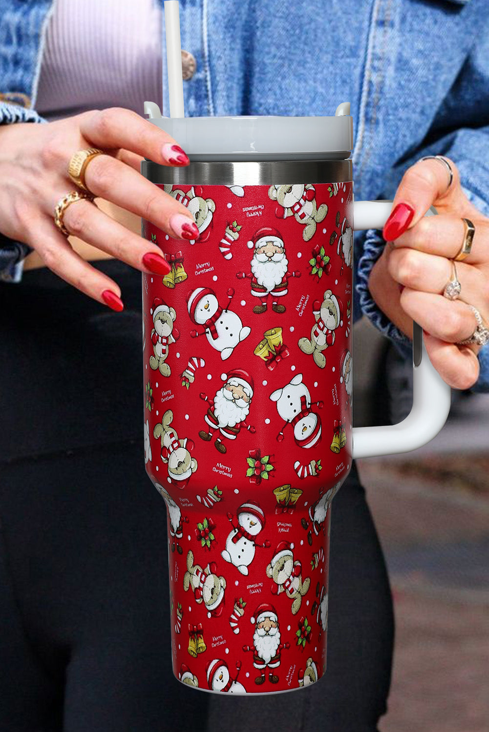 40oz Fiery Red Christmas Print Handled Stainless Steel Tumbler