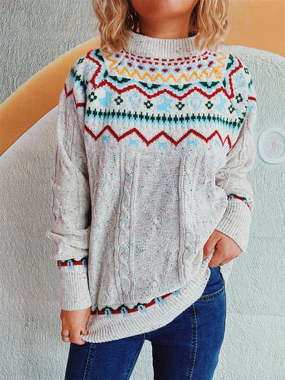 Cable-Knit Mock Neck Long Sleeve Sweater Beige One Size