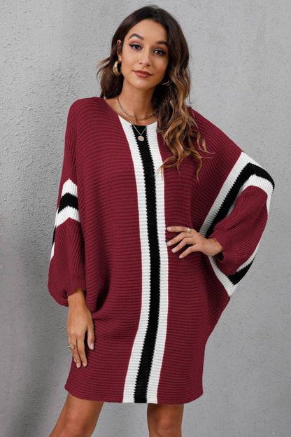 Ribbed Round Neck Long Sleeve Sweater Dress Burgundy