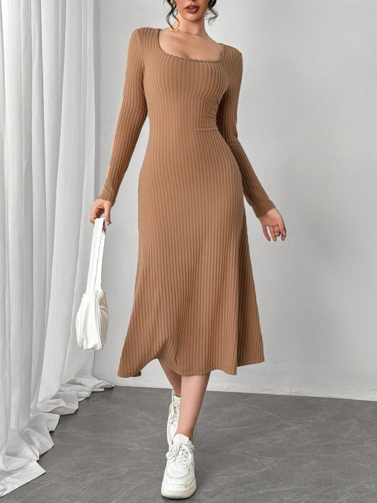 Square Neck Long Sleeve Midi Wrap Dress Camel