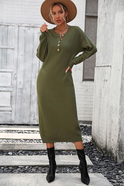 Decorative Button Notched Dropped Shoulder Sweater Dress Army Green