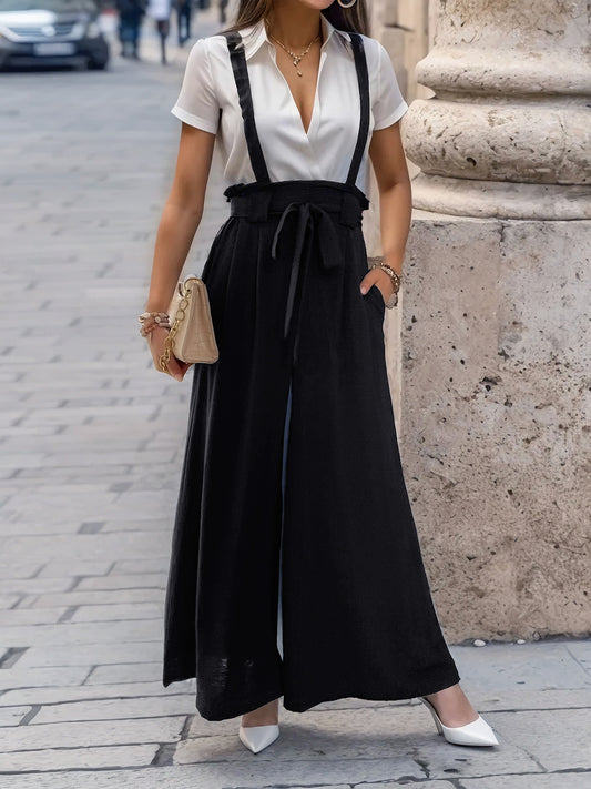 Tied Wide Leg Pants with Shoulder Straps Black