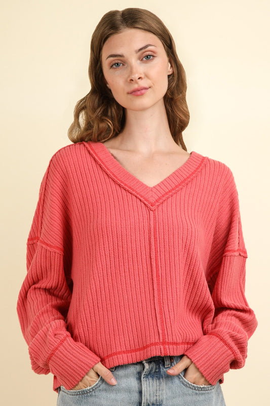 VERY J Exposed Seam V-Neck Ribbed Knit Top Coral