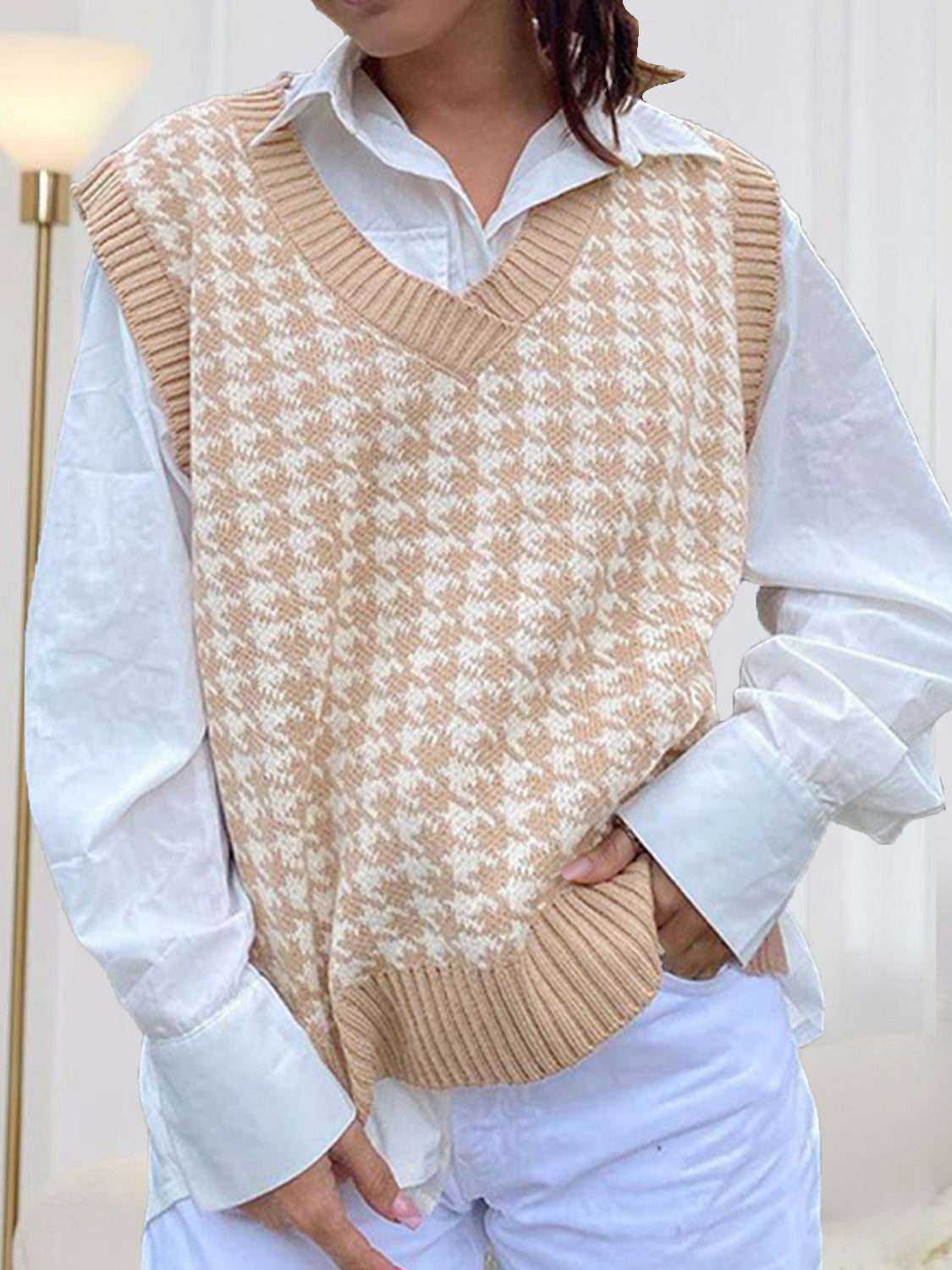 Houndstooth V-Neck Sweater Vest Khaki