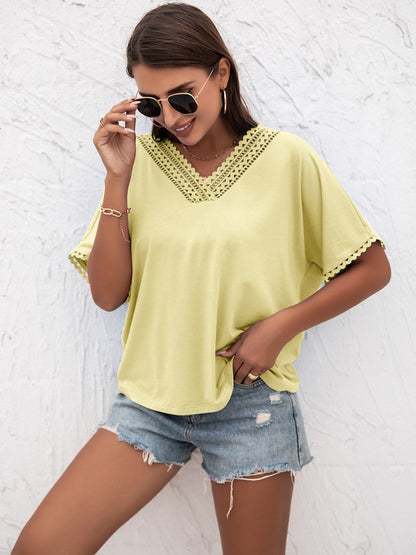 Lace Detail V-Neck T-Shirt Light Yellow