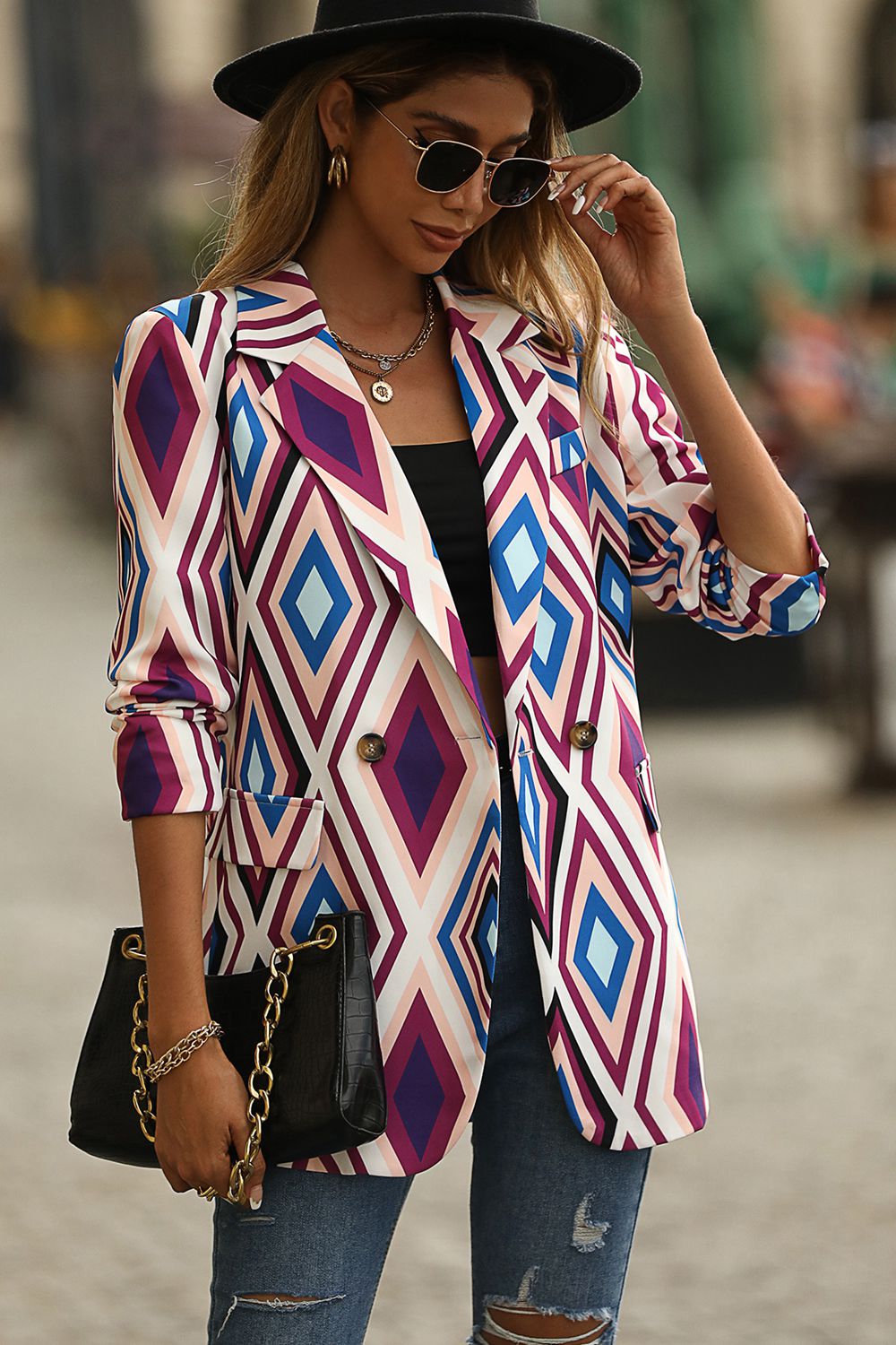 Geometrical Pattern Lapel Collar Blazer with Pocket - Thandynie