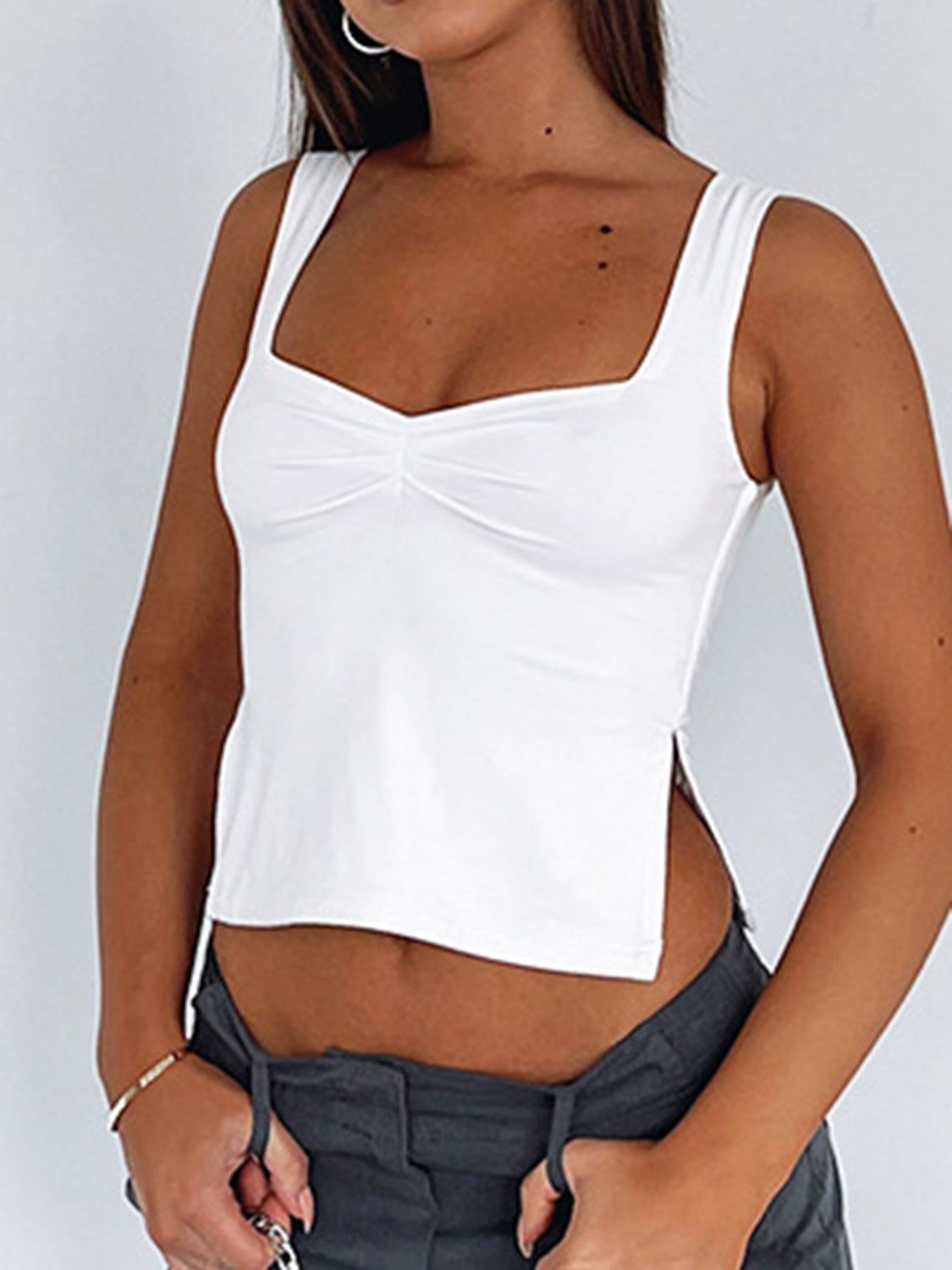 Ruched Sweetheart Neck Wide Strap Tank - Thandynie