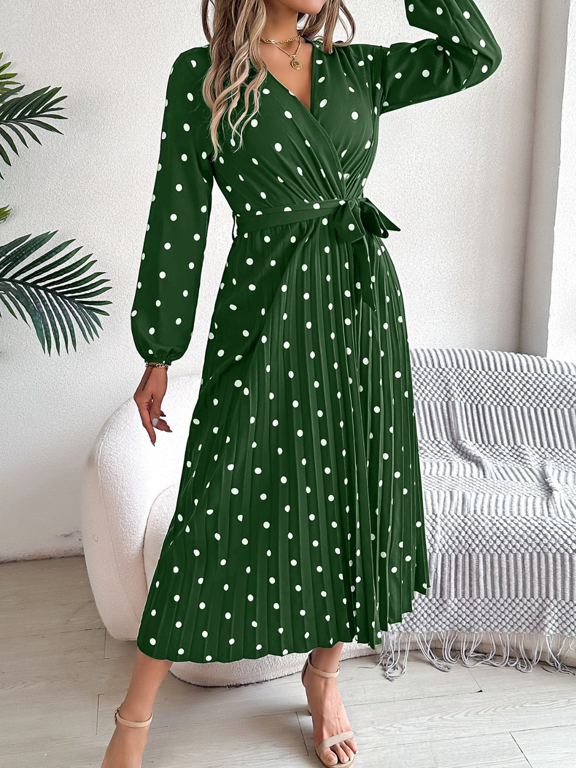 Tied Polka Dot Long Sleeve Midi Dress Dark Green