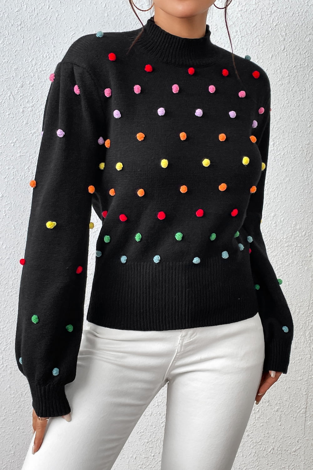 Pom-Pom Trim Mock Neck Long Sleeve Pullover Sweater Black