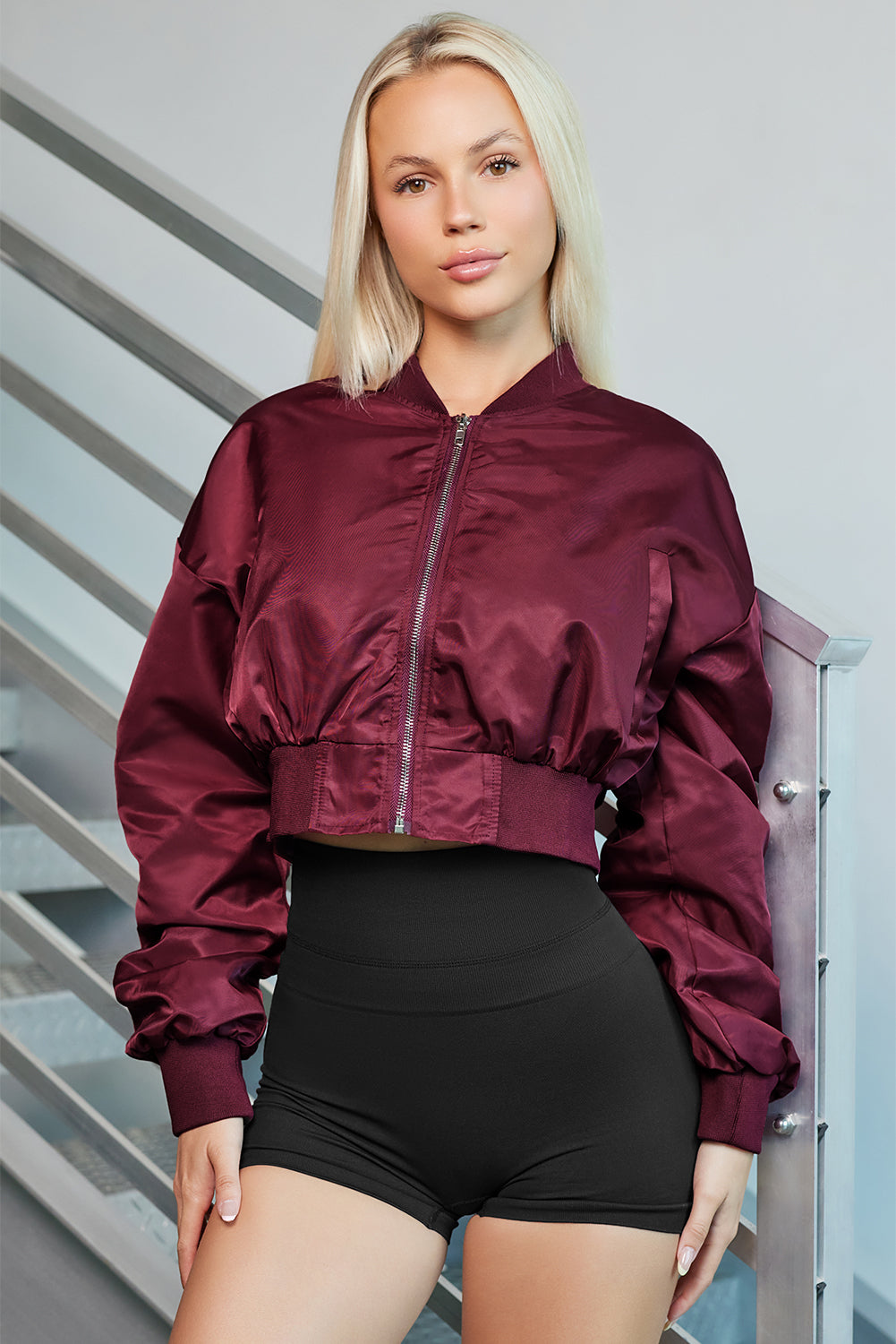 Zip-Up Ruched Cropped Jacket - Thandynie