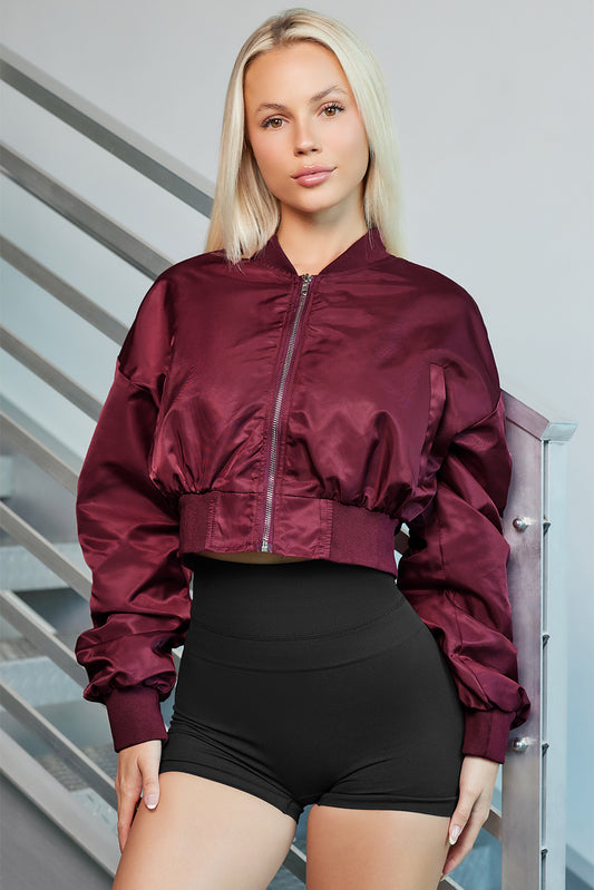 Zip-Up Ruched Cropped Jacket Deep Red